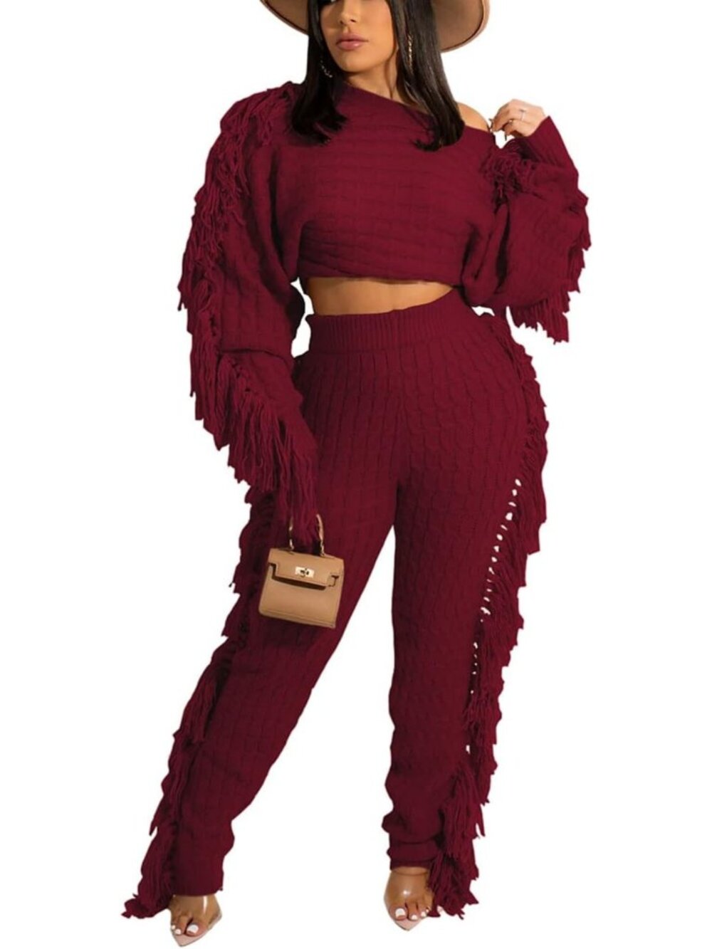 Chic 2-Piece Cable Knit Sweater Set for Women - Fringe Crop Top & Pants Outfit